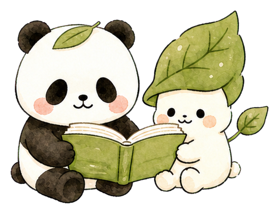 頭に笹の葉を一枚のせたパンちゃんとハッピーくんが一緒に読みものを読む姿